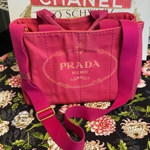 AUTH Prada Pink Canapa Canvas Tote with Adjustable Crossbody Strap